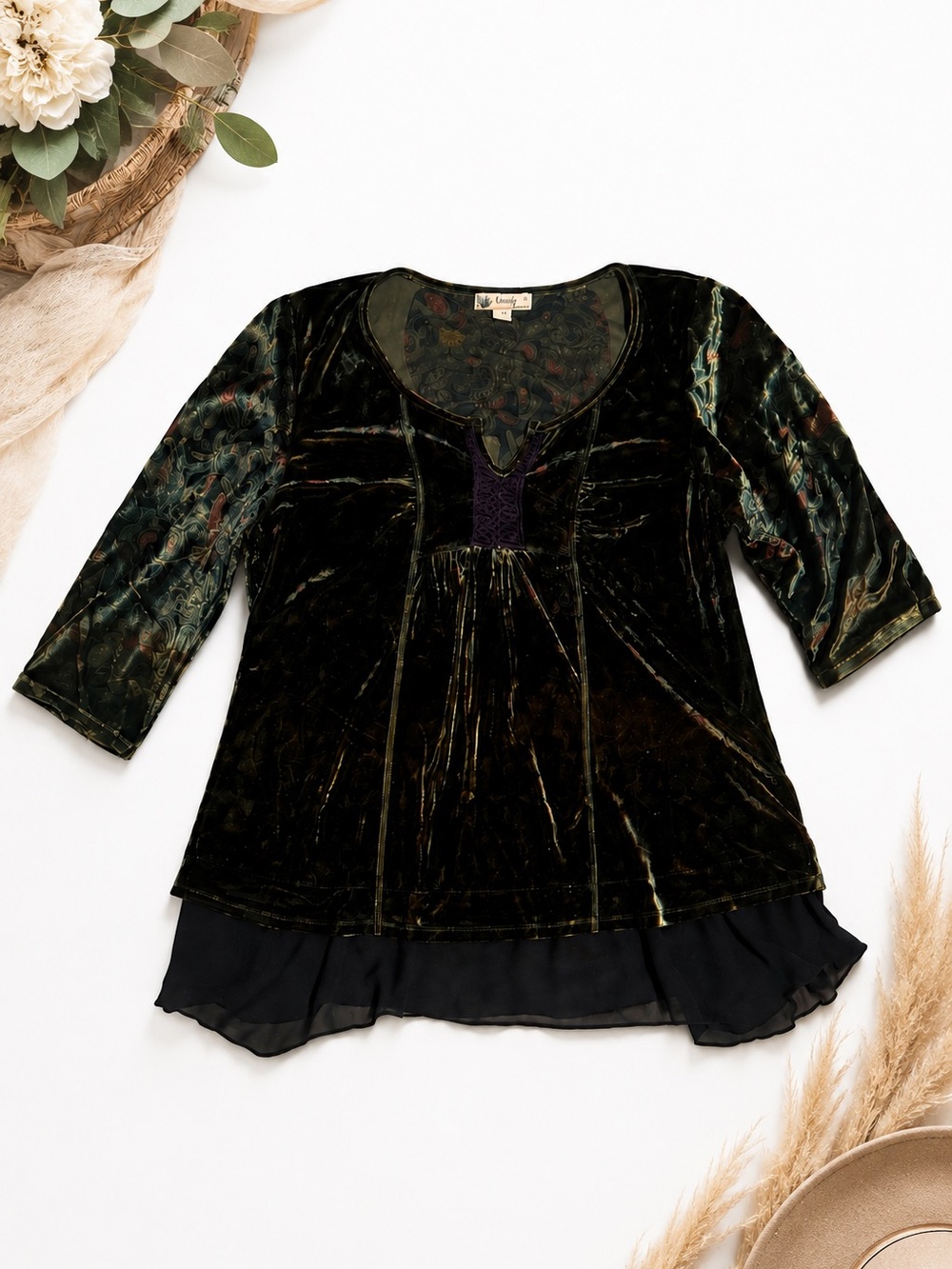 Unity World Wear Woman 1X Velvet Burnout Paisley Tunic Top Boho Layered Hem